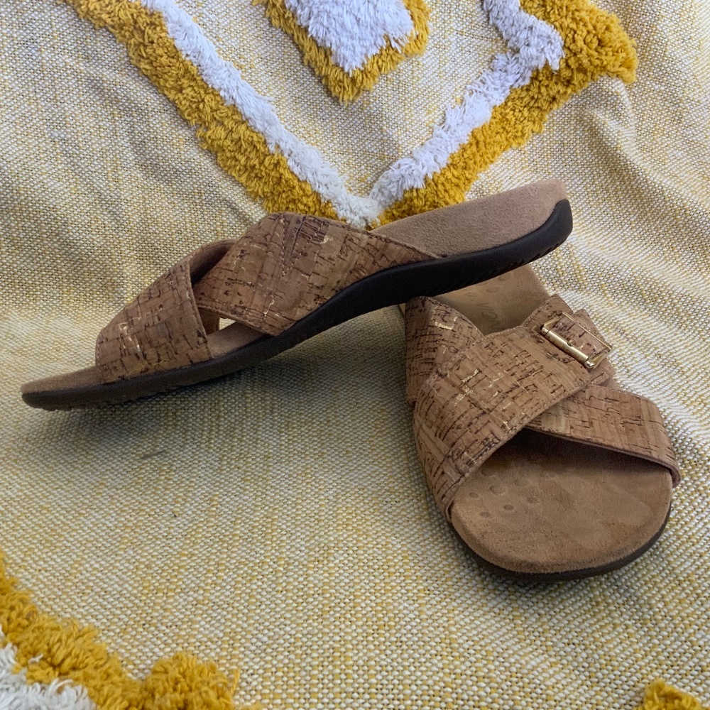 Vionic Women's Rest Dorie Tan W/Gold Cork Slide Sandal Orthotic Comfort SIZE 9